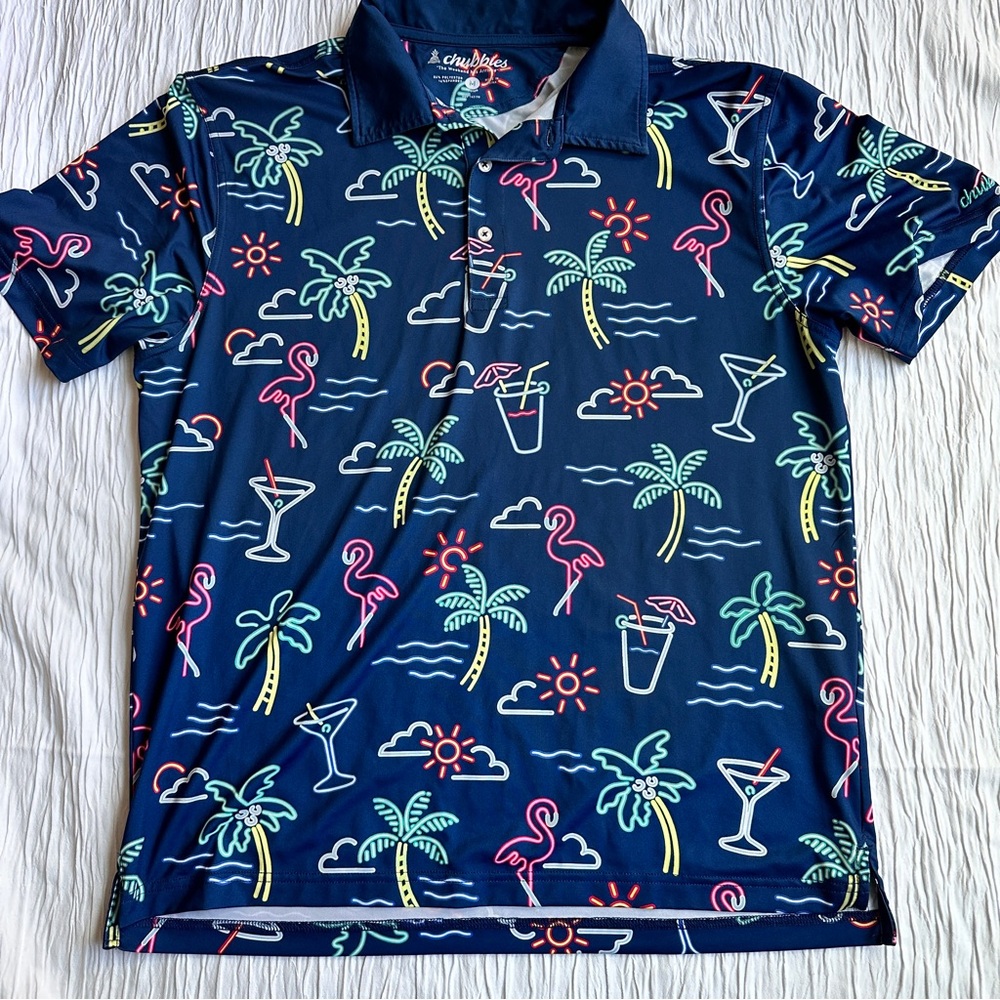 Chubbies Polo Shirt Mens Medium‎ Flamingo Palm Tree Print Performance Golf